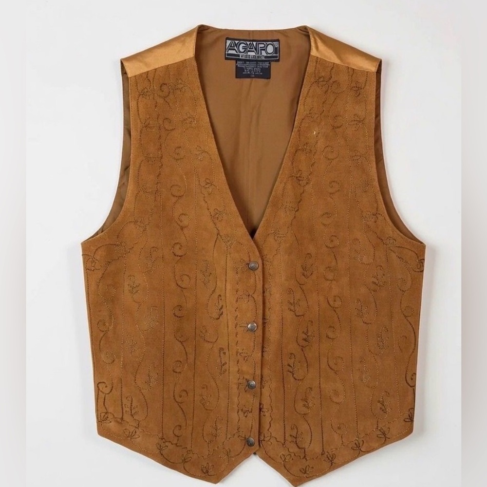Agapo Vintage Genuine Leather Embroidered Vest Cognac Brown NWT, XL / XXL - Picture 2 of 7